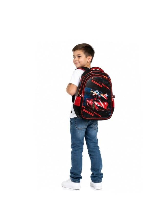 Ghiozdan scolar pentru baieti, model Masinute, 3D, rosu/multicolor, 6 ani - 8 ani, 37 x 28 x 15