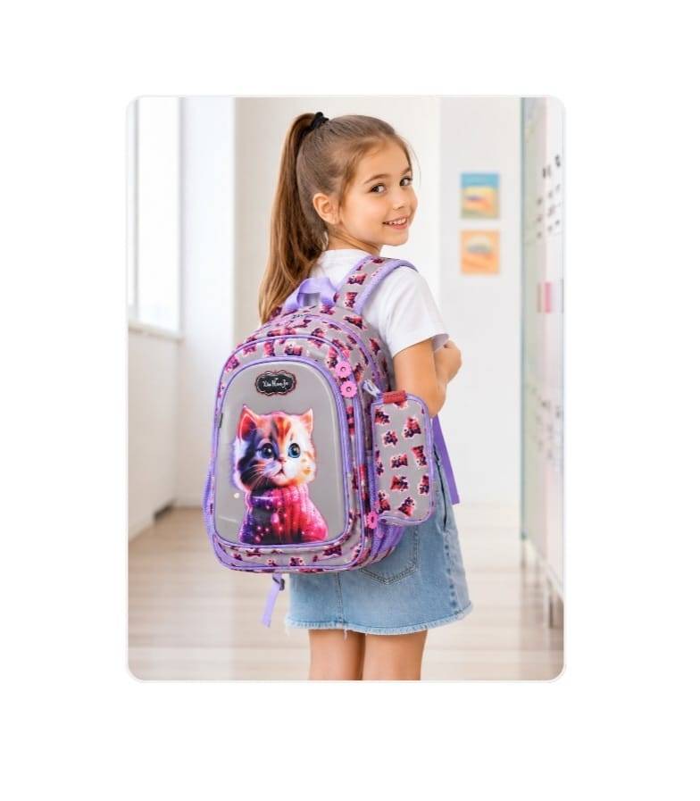 Ghiozdan scolar pentru fetite, model Pisica, penar asortat, mov, 6 ani - 9 ani, 38 x 28 x 15
