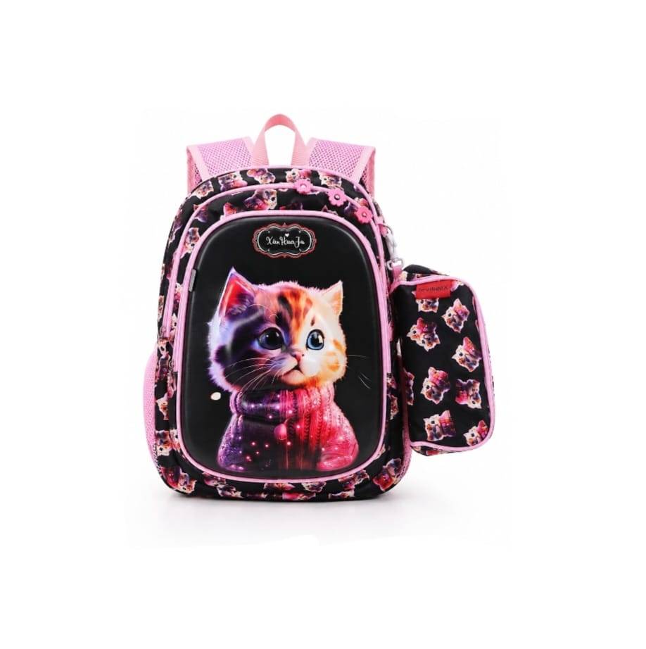 Ghiozdan scolar pentru fetite, model Pisica, penar asortat, mov inchis, 6 ani - 9 ani, 38 x 28 x 15