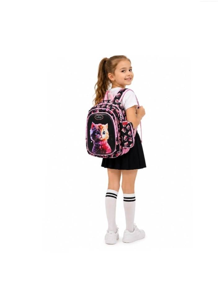 Ghiozdan scolar pentru fetite, model Pisica, penar asortat, mov inchis, 6 ani - 9 ani, 38 x 28 x 15