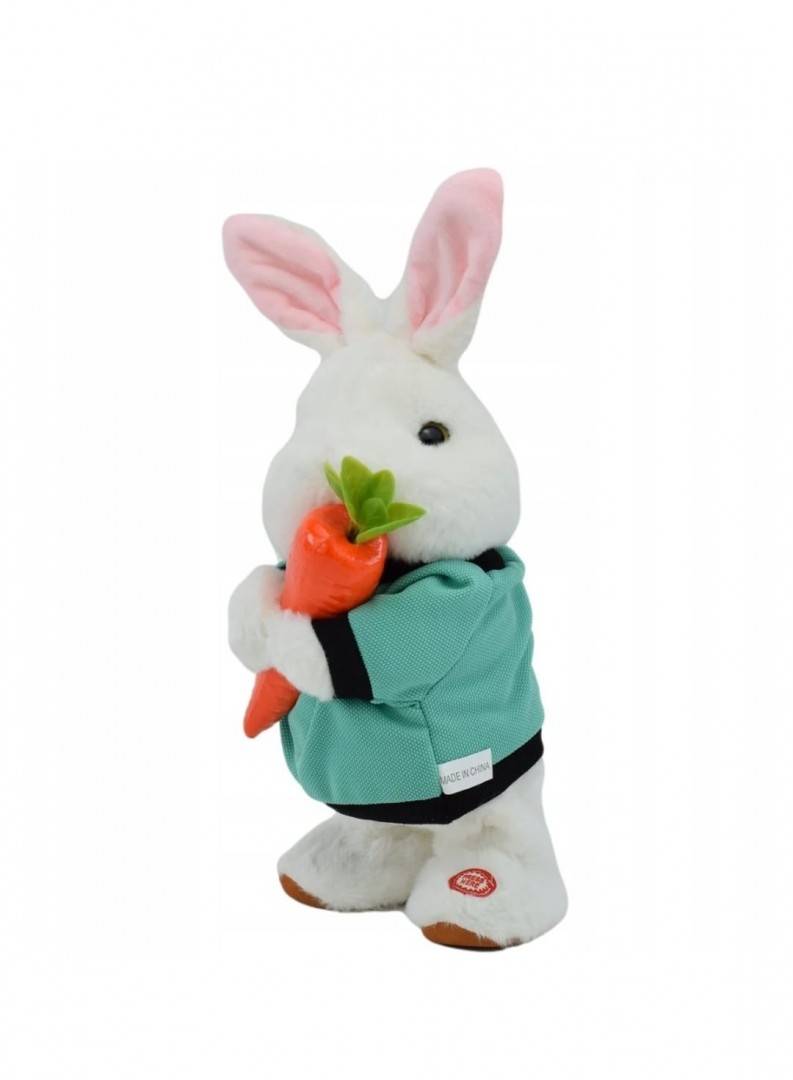 Iepuras Interactiv din plus cu morcov, dansator, repetare vocala, verde/alb, 38 cm