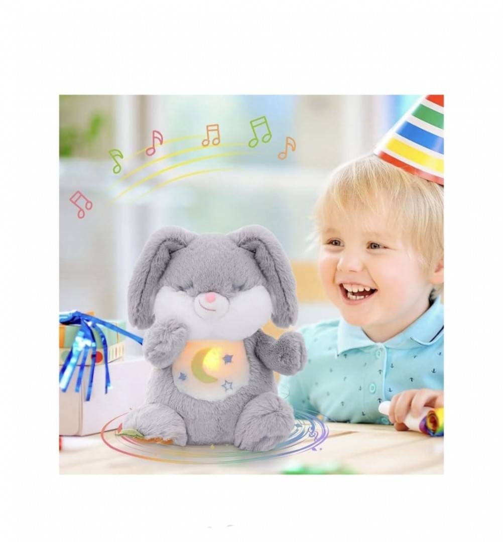Iepuras interactiv, muzical, respira, lampa de veghe, gri, 30 cm