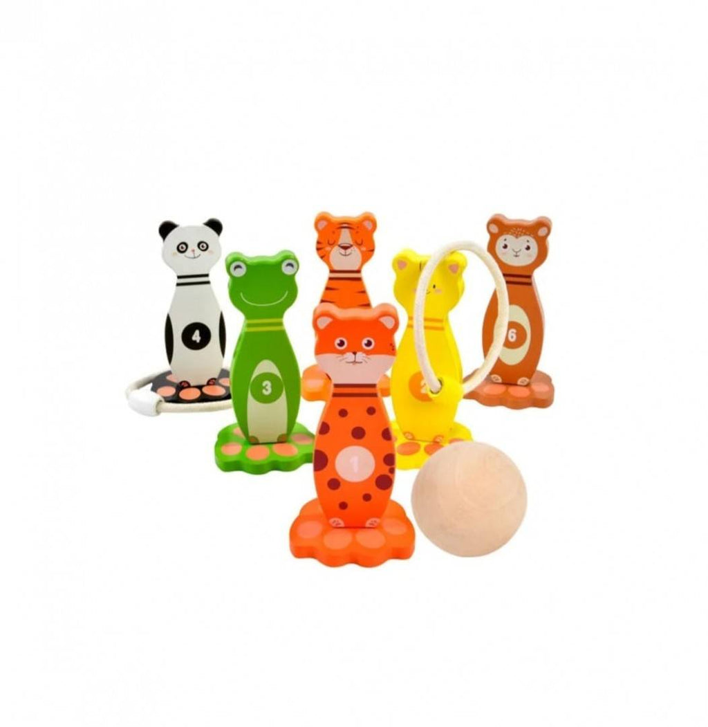 Joc Bowling si Aruncare Inele, lemn, multicolor