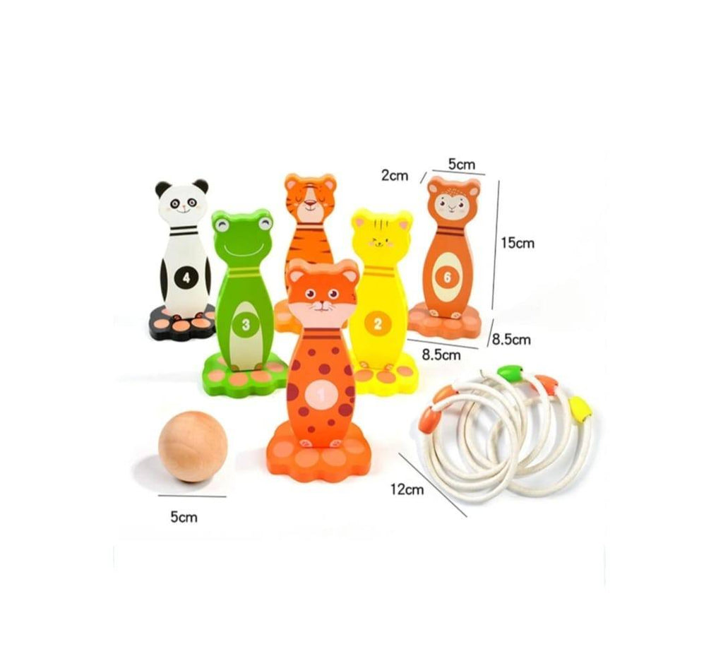 Joc Bowling si Aruncare Inele, lemn, multicolor