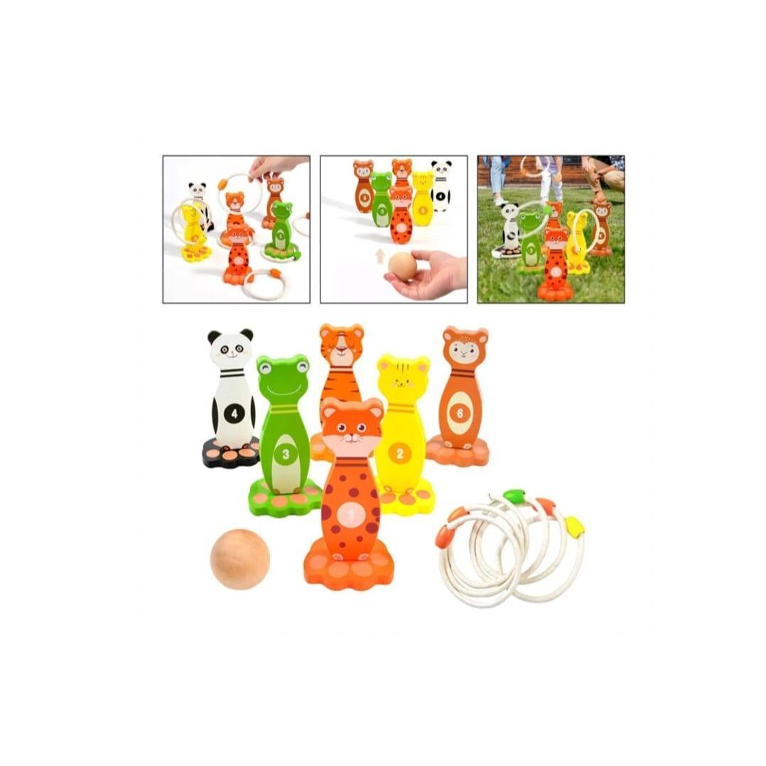 Joc Bowling si Aruncare Inele, lemn, multicolor