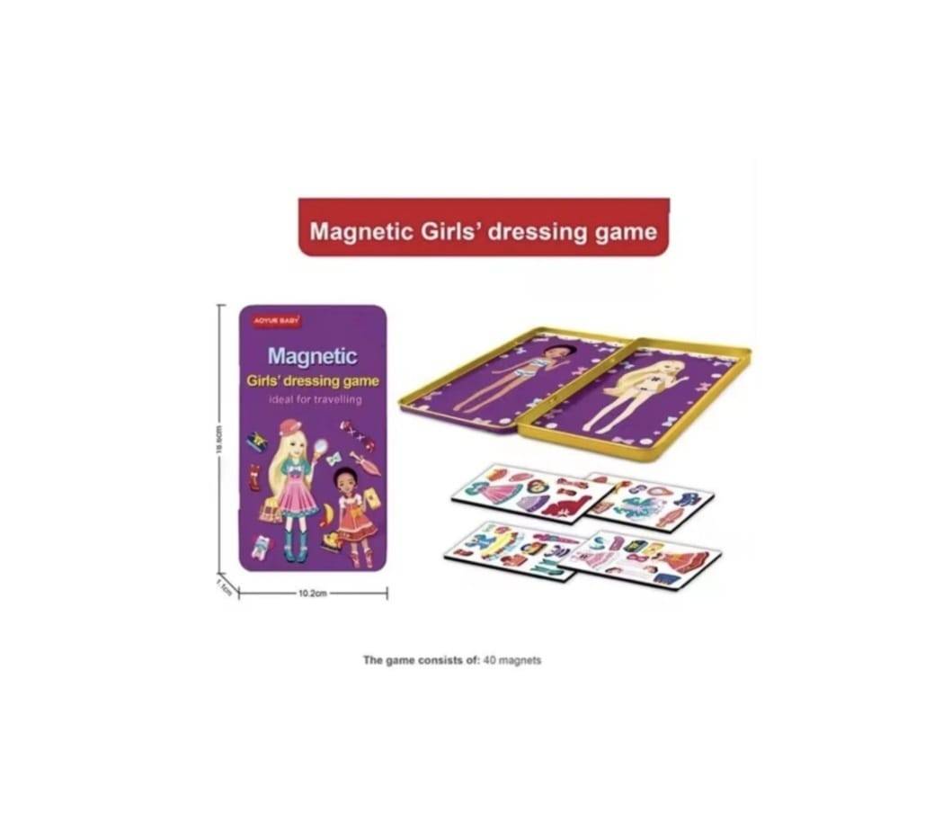 Joc de societate de tip magnetic, Girls Dressing Game, Set creativ cu haine si accesorii, multicolor, 18 cm, 8 ani+