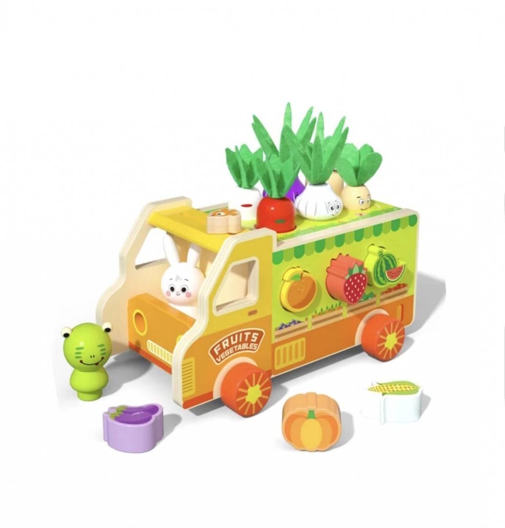 Joc educati, Camionul cu fructe si legume, montessori, lemn, multicolor, 3 ani+