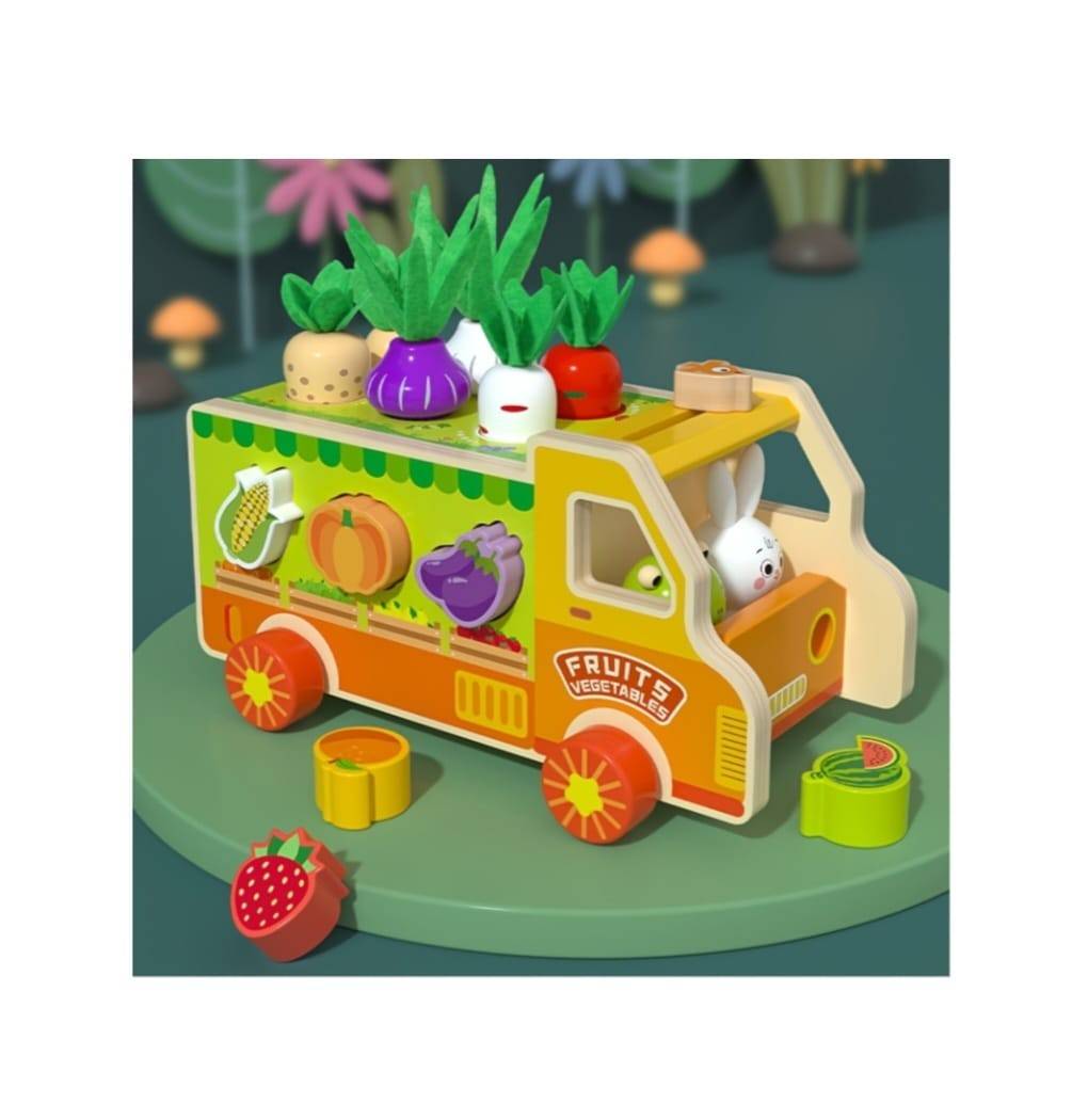 Joc educati, Camionul cu fructe si legume, montessori, lemn, multicolor, 3 ani+