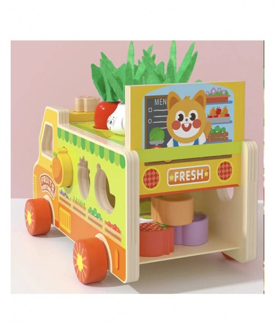 Joc educati, Camionul cu fructe si legume, montessori, lemn, multicolor, 3 ani+