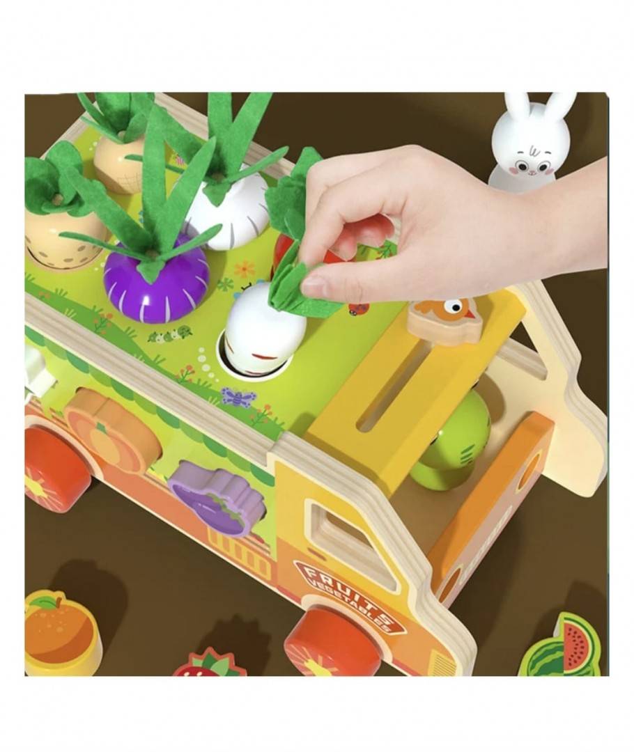 Joc educati, Camionul cu fructe si legume, montessori, lemn, multicolor, 3 ani+
