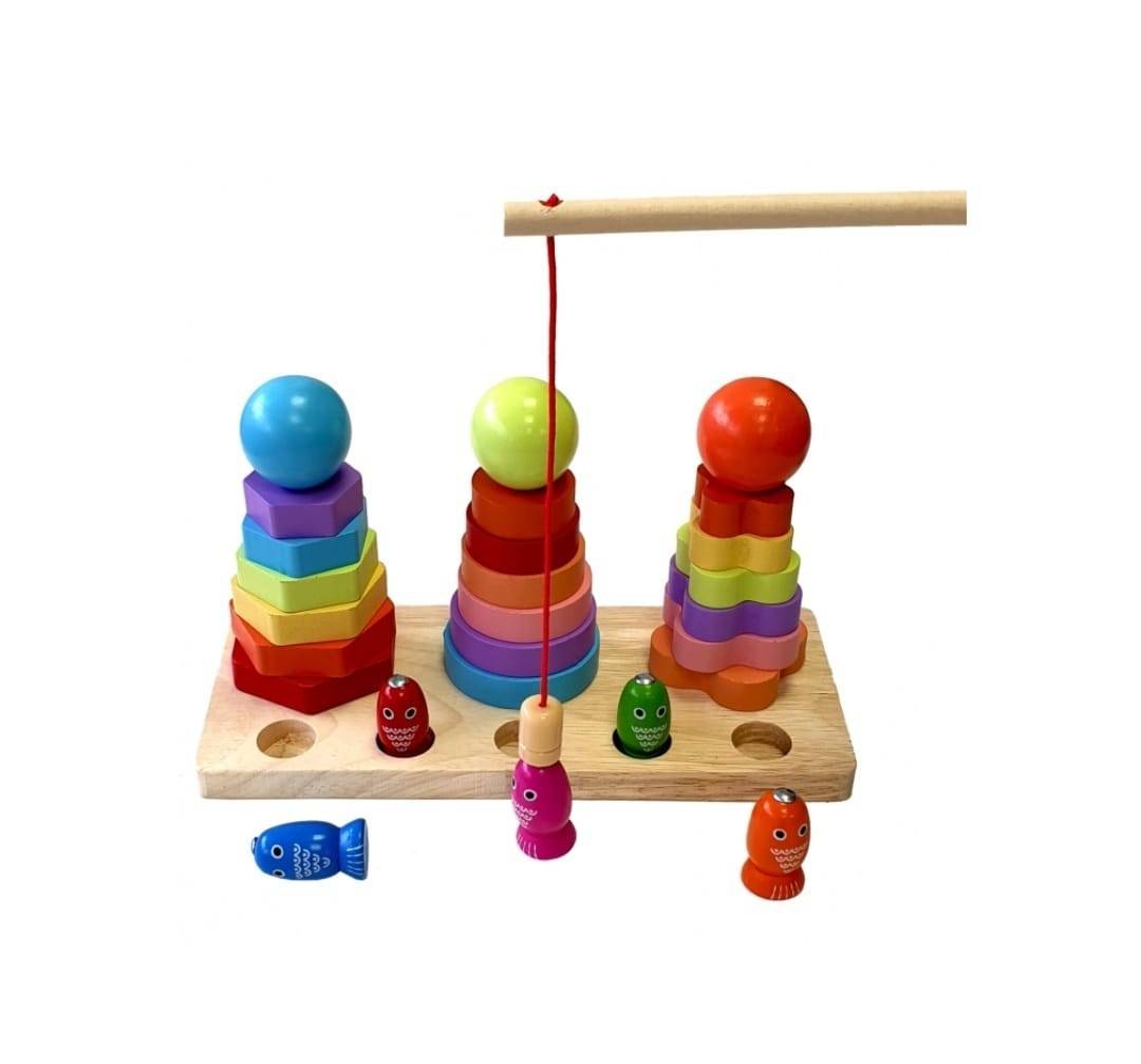 Joc educativ 3 in 1, Pole Fishing, sortator, pescuit si sortator, lemn, multicolor, 27 piese | Masha Shop