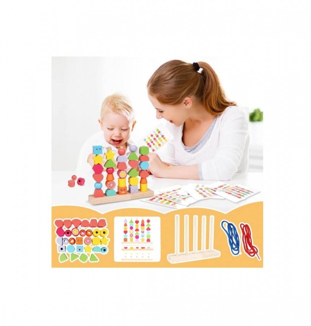 Joc educativ de stivuire cu 5 coloane, lemn, multicolor, 3 ani+