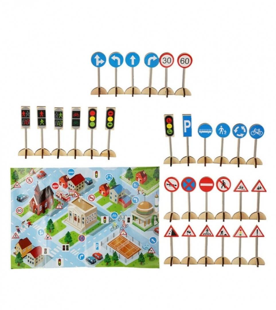Joc educativ din lemn, Recunoaste Semnele de circulatie, 55 piese, multicolor