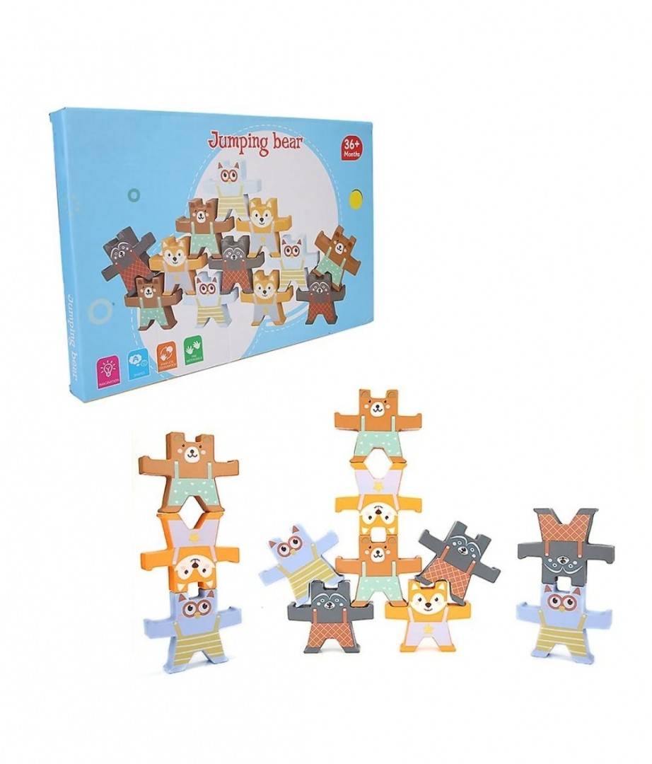 Joc educativ Montessori din lemn, Catelusi Acrobati, multicolor