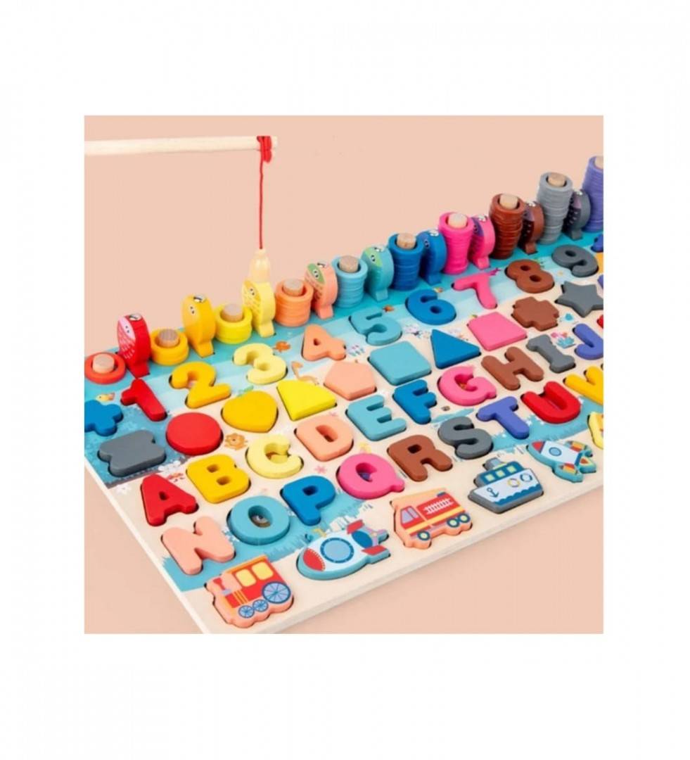 Joc educativ, Montessori, MASHASHOP, sortator de forme si pescuit magnetic, lemn, 3 ani+