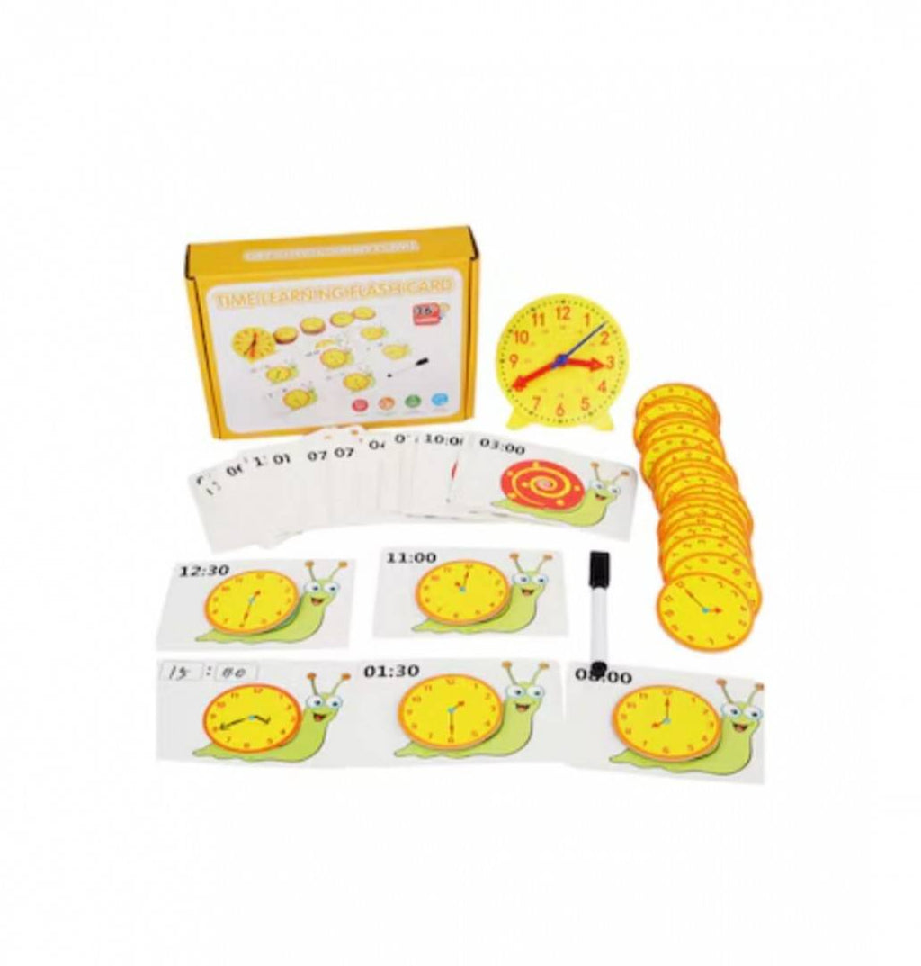 Joc educativ pentru invatarea ceasului cu carduri reutilizabile si ceas analog, 72 piese, multicolor