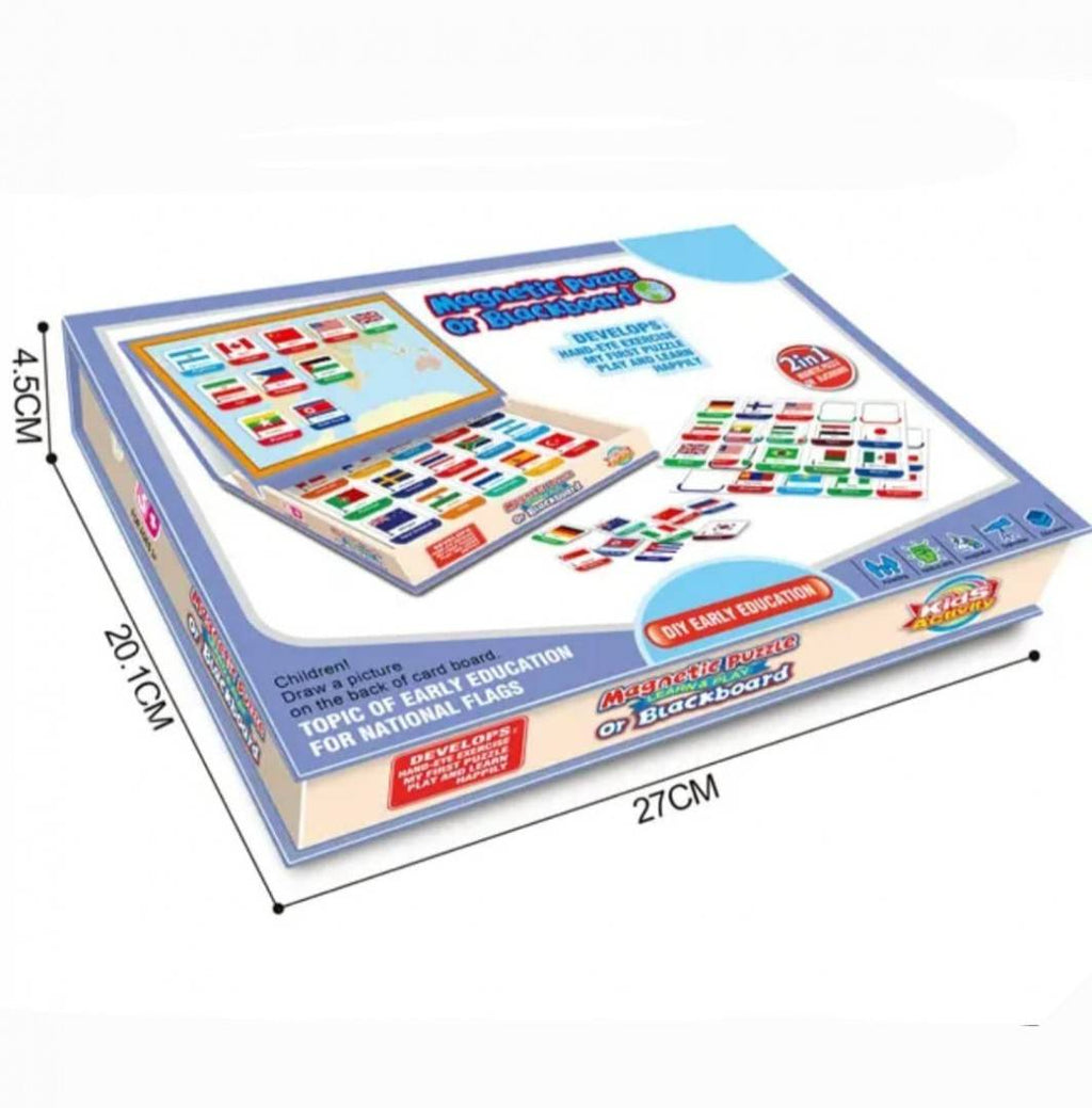 Joc educativ, Puzzle magnetic, Steagurile lumii, 2 in 1, tabla de scris, 45 piese, multicolor, lemn