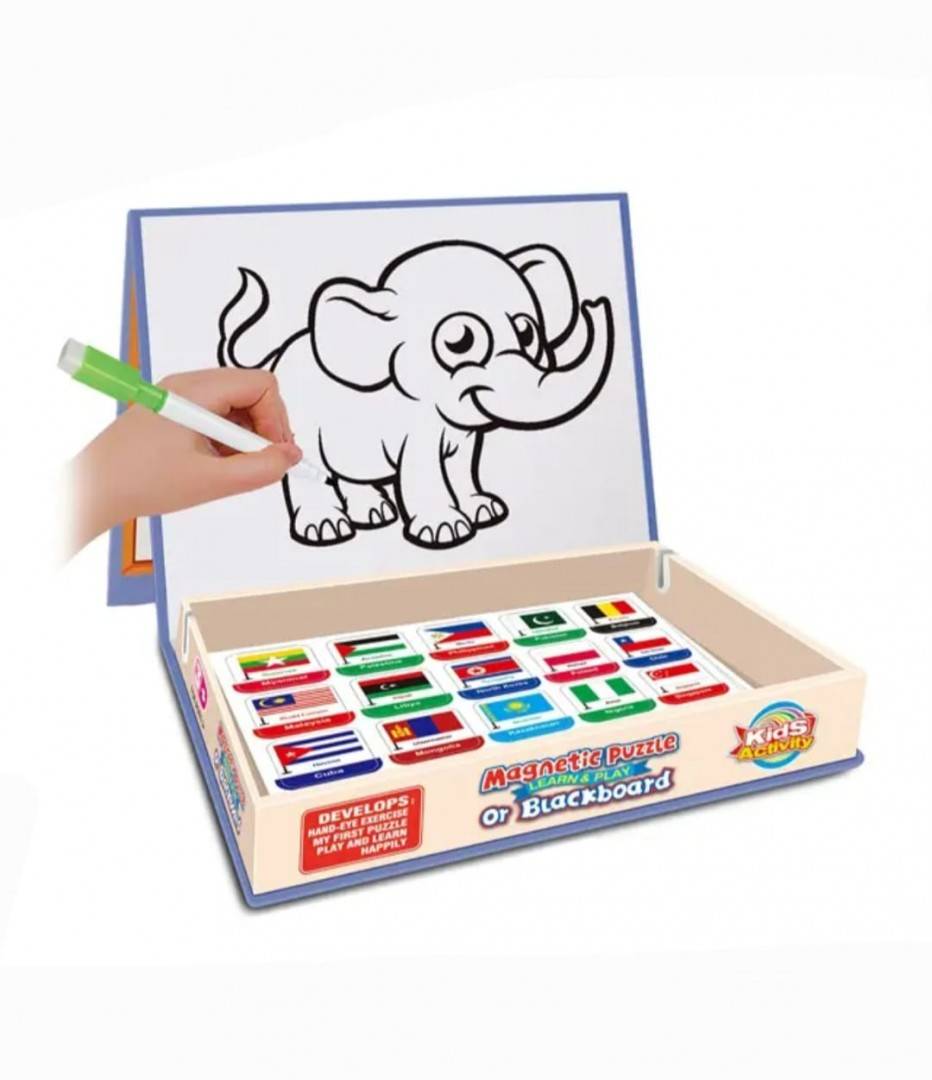 Joc educativ, Puzzle magnetic, Steagurile lumii, 2 in 1, tabla de scris, 45 piese, multicolor, lemn