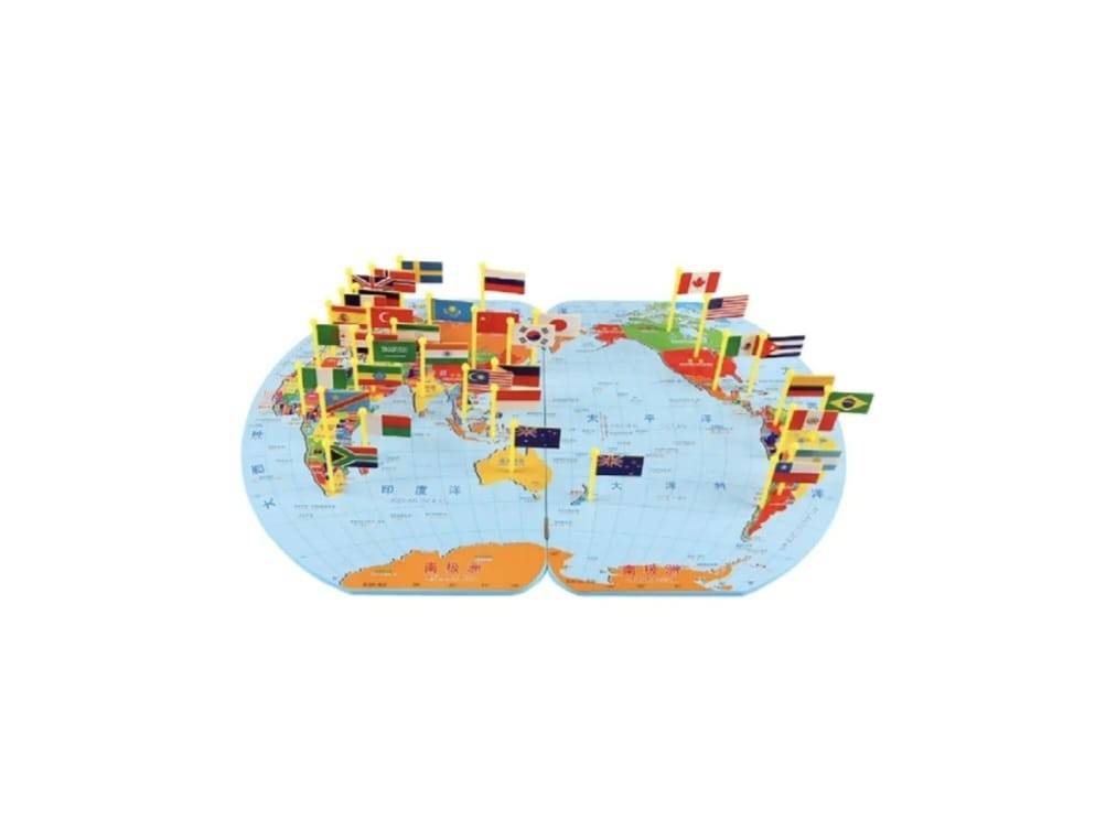 Joc Harta Lumii din Lemn cu 36 de Steaguri, multicolor, 3 ani+
