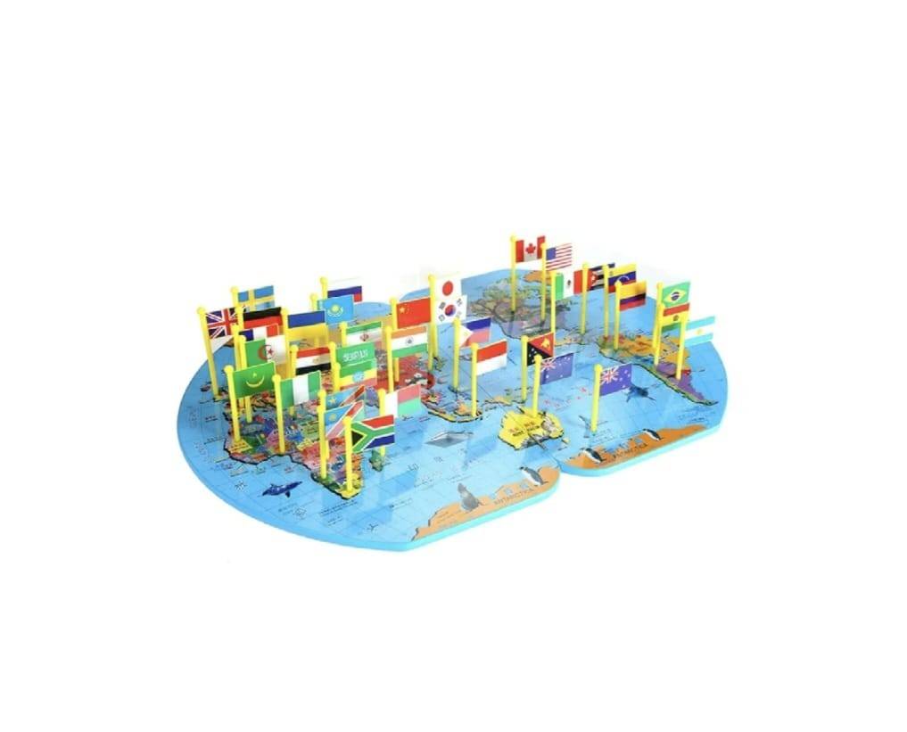 Joc Harta Lumii din Lemn cu 36 de Steaguri, multicolor, 3 ani+