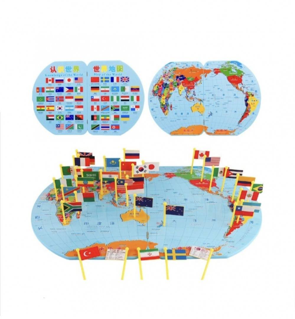 Joc Harta Lumii din Lemn cu 36 de Steaguri, multicolor, 3 ani+