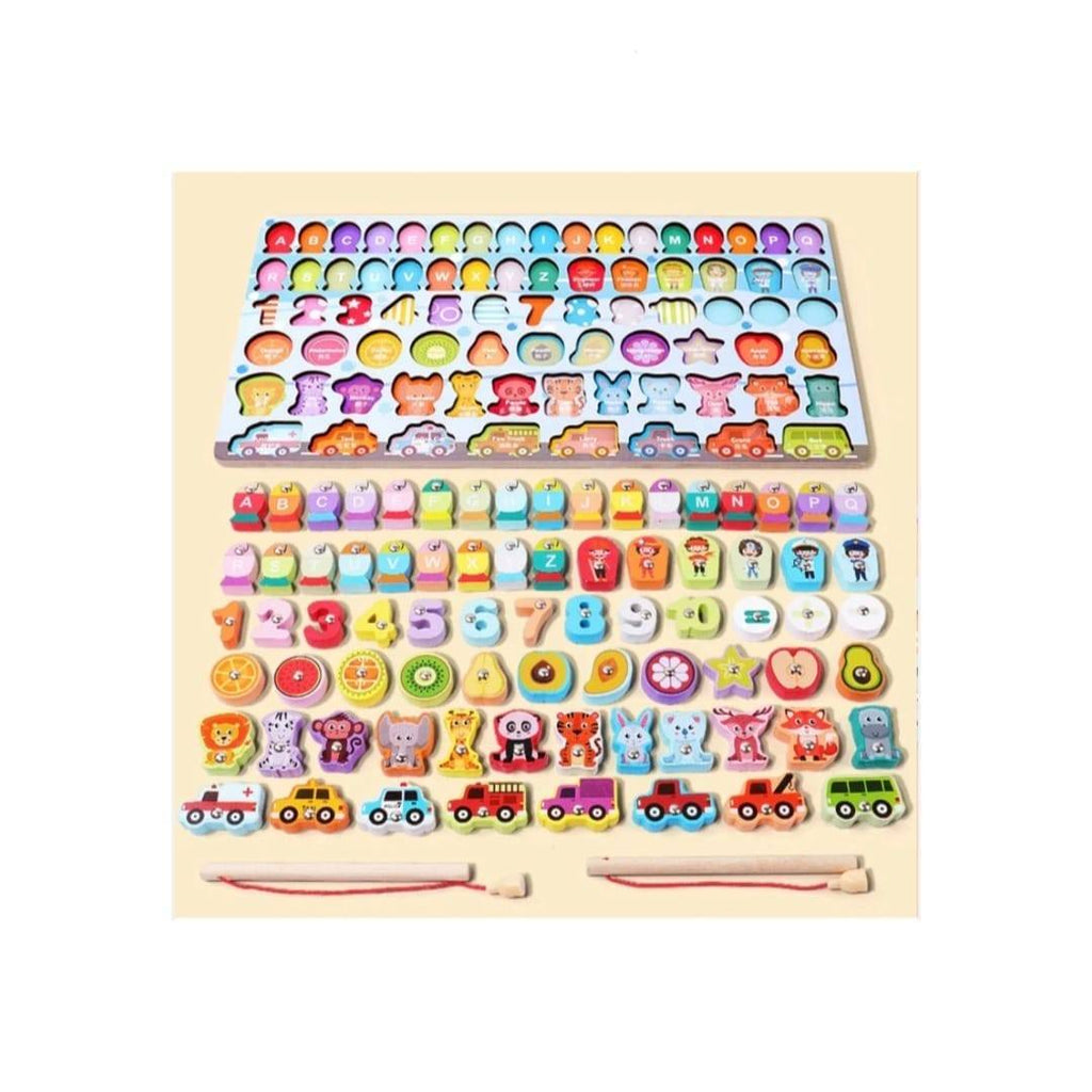 Joc logaritmic 6 in 1, multifunctional cu alfabet si cifre, montessori, lemn, multicolor