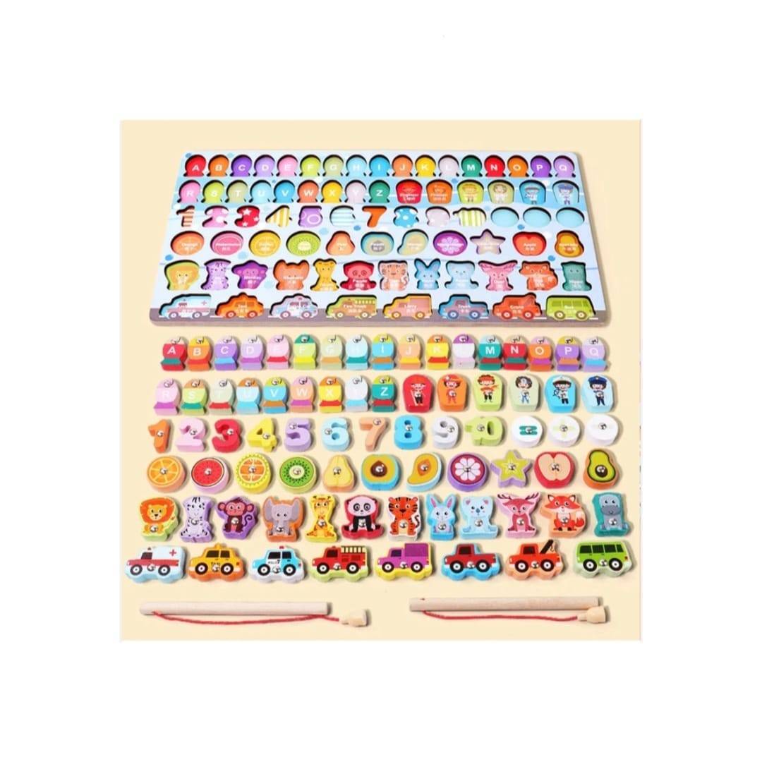 Joc logaritmic 6 in 1, multifunctional cu alfabet si cifre, montessori, lemn, multicolor
