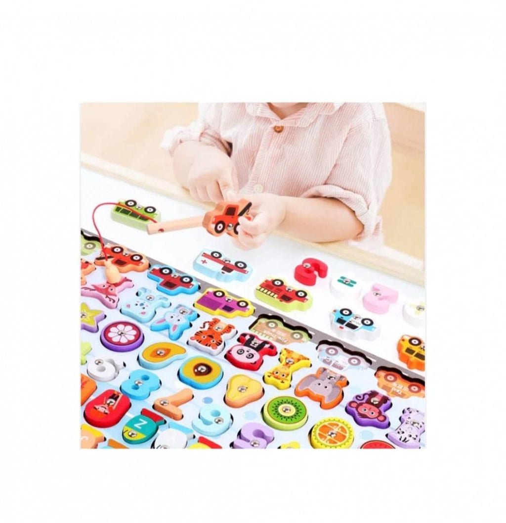 Joc logaritmic 6 in 1, multifunctional cu alfabet si cifre, montessori, lemn, multicolor