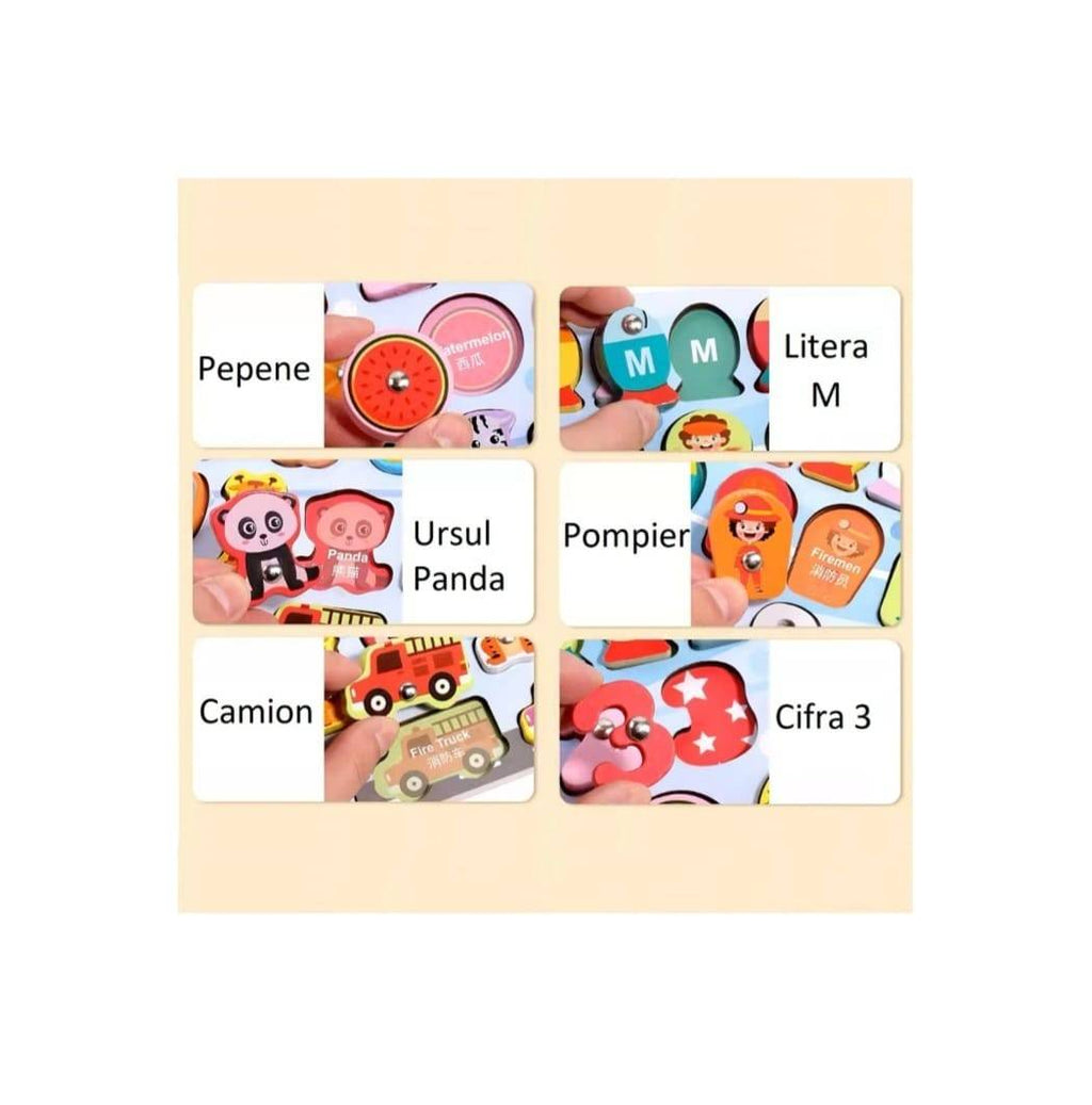 Joc logaritmic 6 in 1, multifunctional cu alfabet si cifre, montessori, lemn, multicolor