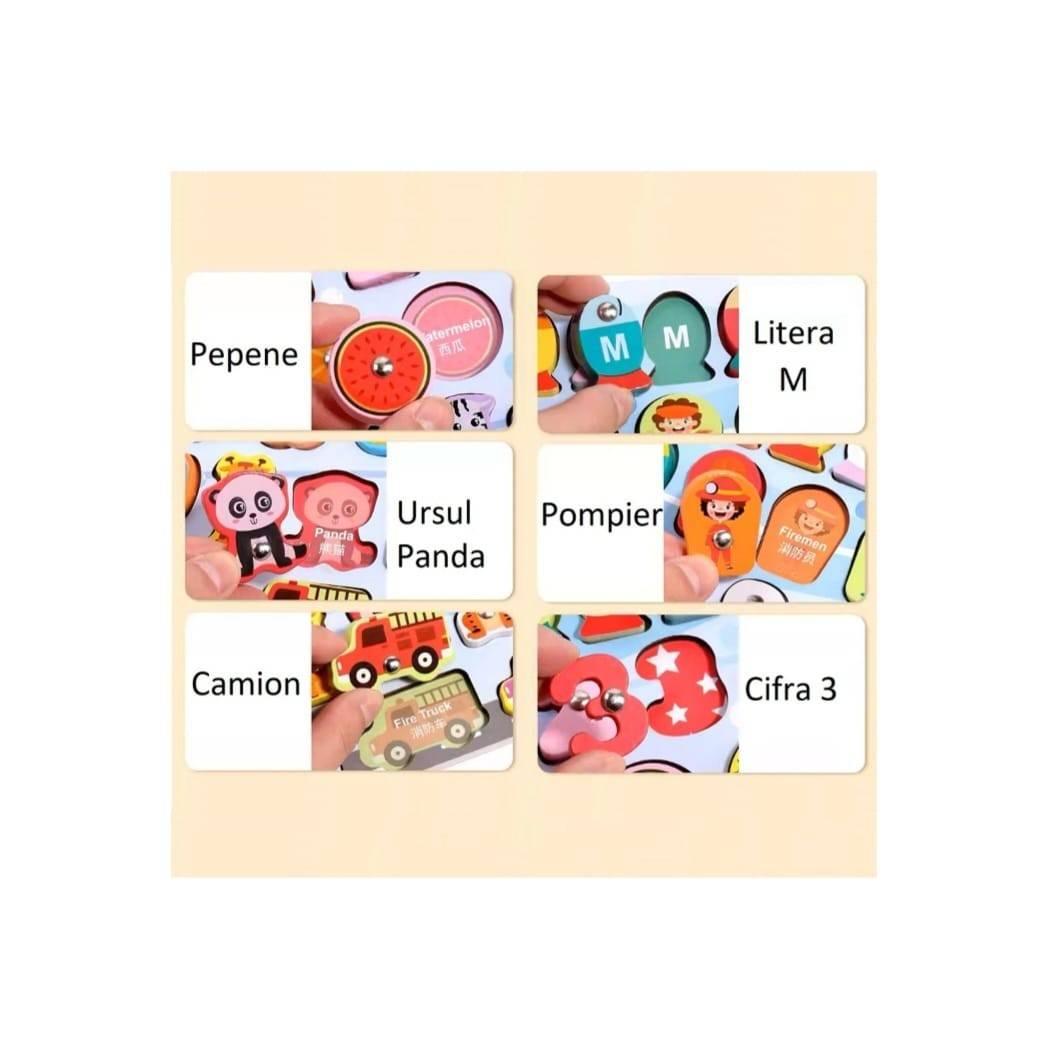 Joc logaritmic 6 in 1, multifunctional cu alfabet si cifre, montessori, lemn, multicolor