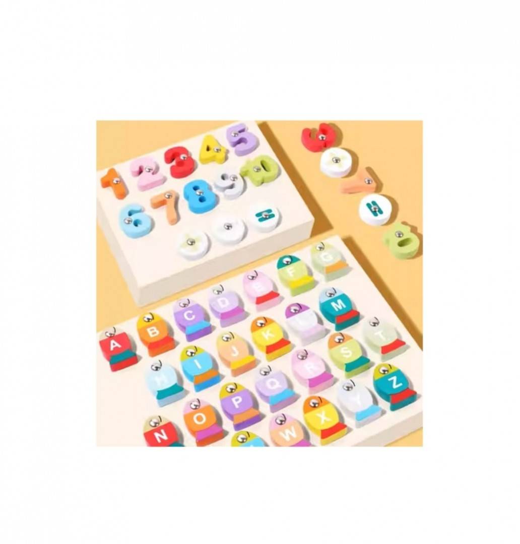 Joc logaritmic 6 in 1, multifunctional cu alfabet si cifre, montessori, lemn, multicolor