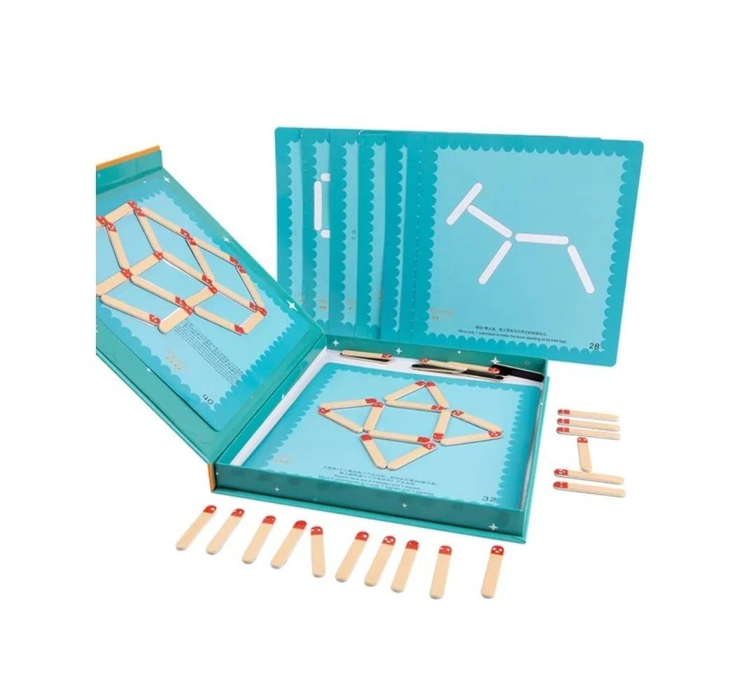 Joc magnetic Matchsticks Puzzle, cu betisoare din lemn, multicolor, 26 cm