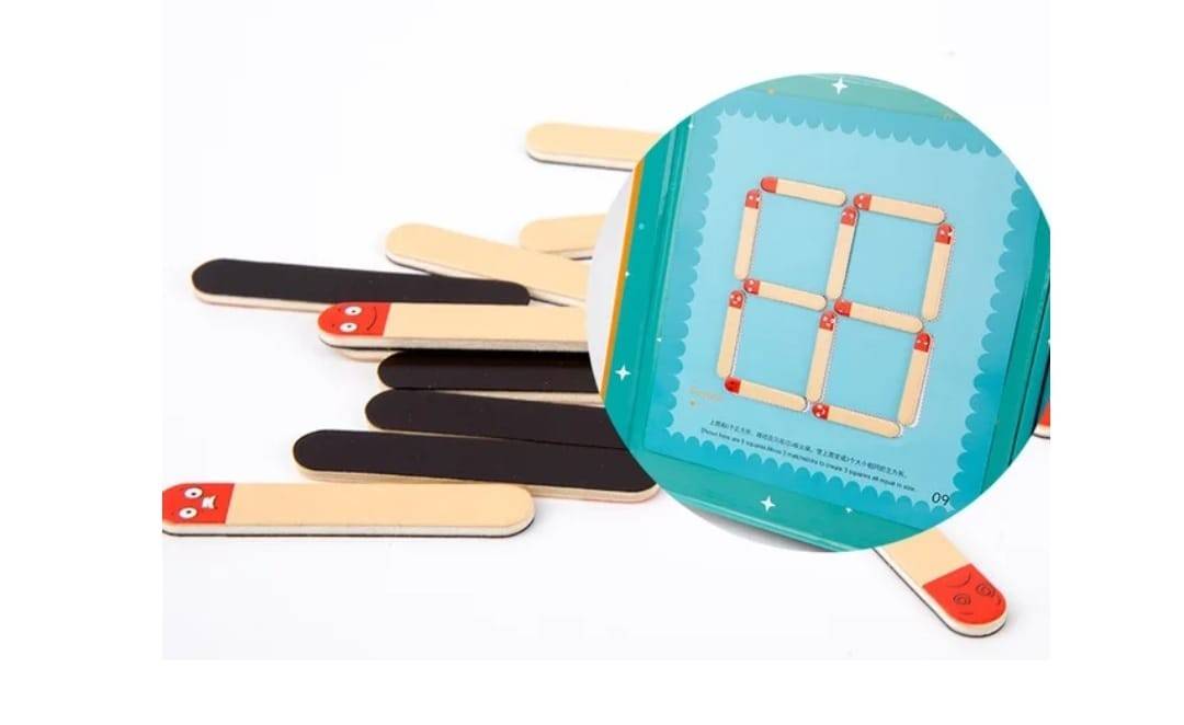 Joc magnetic Matchsticks Puzzle, cu betisoare din lemn, multicolor, 26 cm