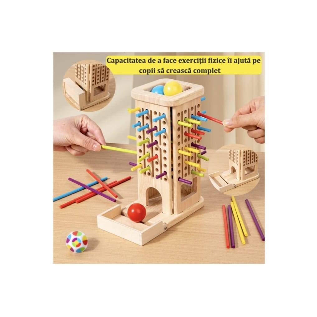 Joc montessori de societate, Joc de echilibru cu bețe și bile, Plunk 3 in 1, lemn, 3 ani+