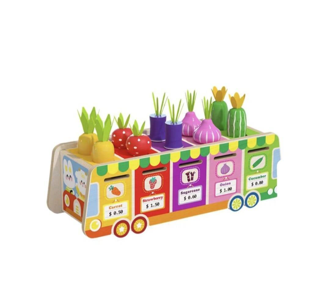 Joc multifunctional, sortare si clasificare, Toneta cu fructe si legume, montessori, lemn, multicolor | Masha Shop
