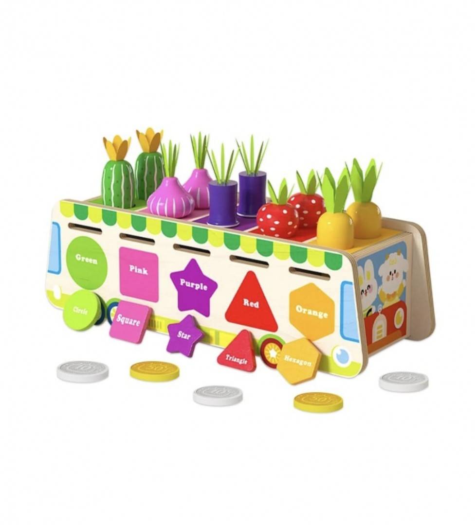 Joc multifunctional, sortare si clasificare, Toneta cu fructe si legume, montessori, lemn, multicolor – imagine 2 | Masha