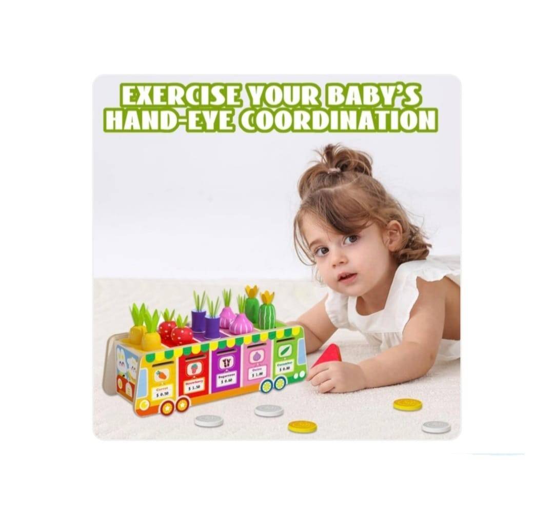 Joc multifunctional, sortare si clasificare, Toneta cu fructe si legume, montessori, lemn, multicolor – imagine 4 | Masha