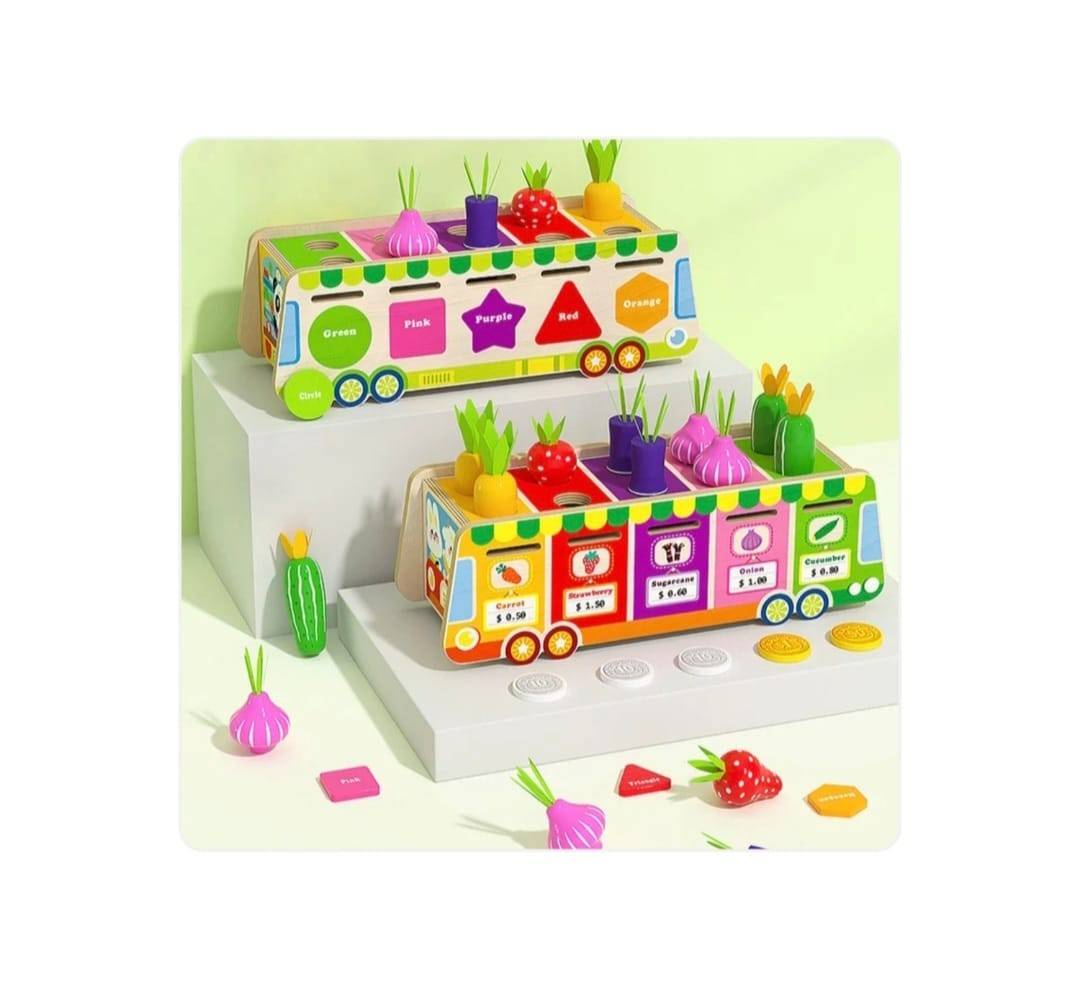 Joc multifunctional, sortare si clasificare, Toneta cu fructe si legume, montessori, lemn, multicolor – imagine 5 | Masha
