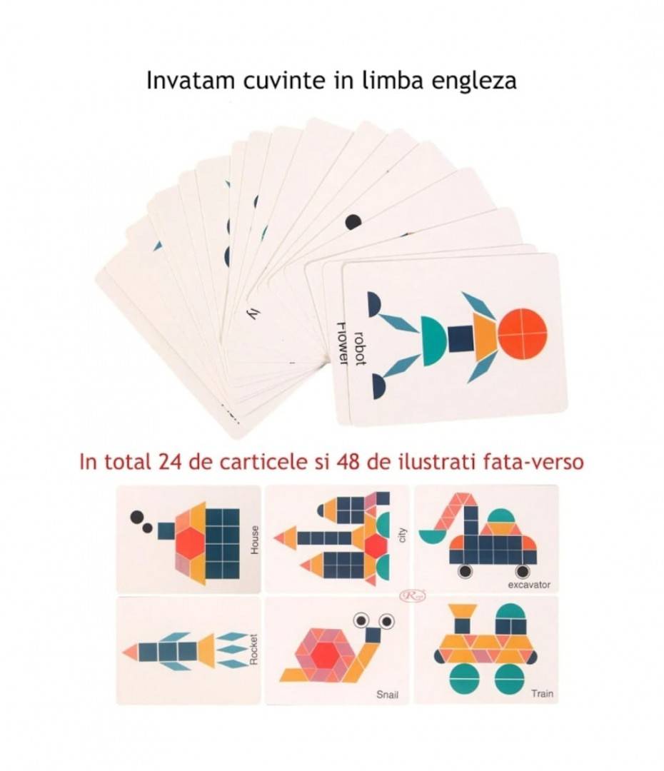 Joc Tangram educativ,din lemn, montessori, 180 piese