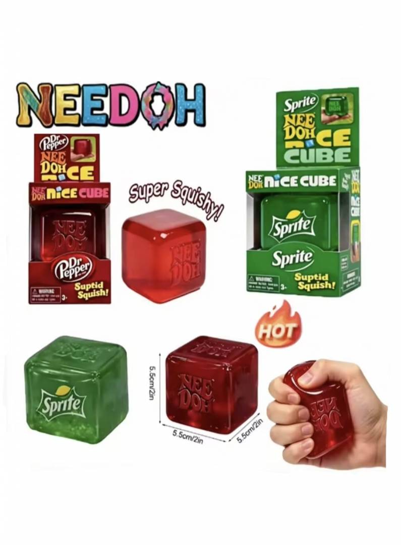 Jucarie antistres squishy, Schylling NeeDoh Nice Cube, Sprite, Dr Pepper, multicolor, 5.5 cm
