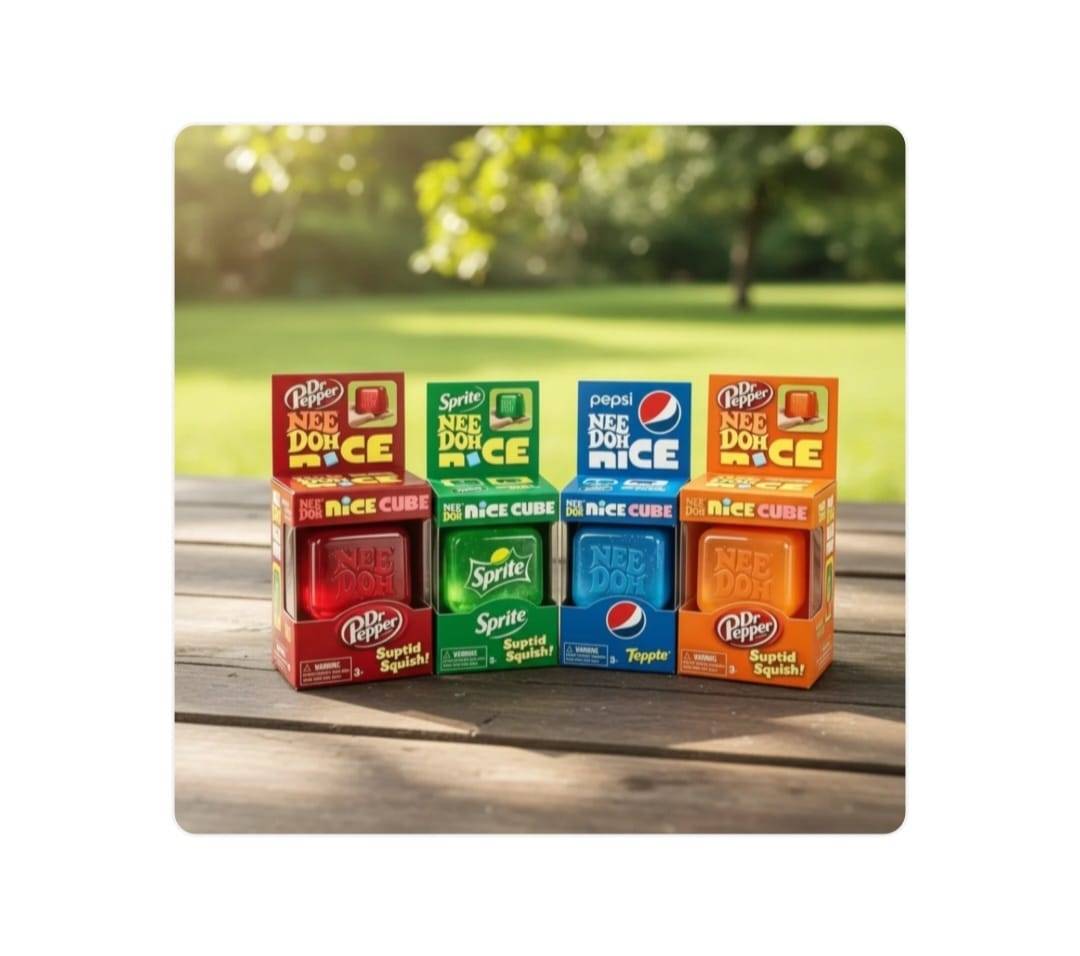 Jucarie antistres squishy, Schylling NeeDoh Nice Cube, Sprite, Dr Pepper, multicolor, 5.5 cm