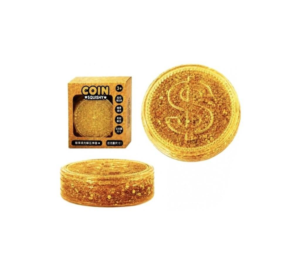 Jucarie antistres squishy, sclipici, moneda dolar, Coin Squish, auriu