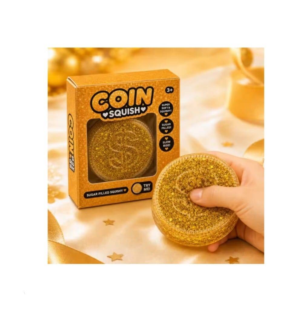 Jucarie antistres squishy, sclipici, moneda dolar, Coin Squish, auriu