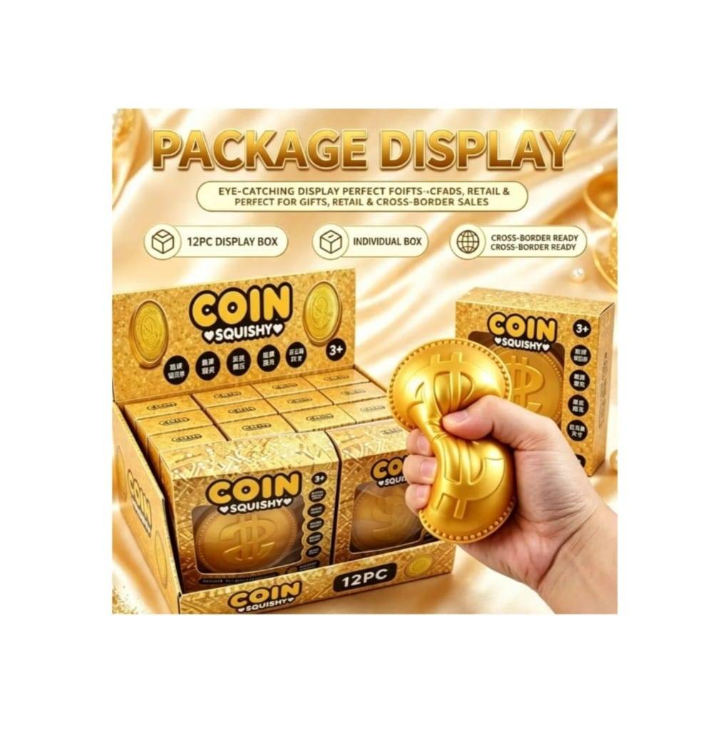 Jucarie antistres squishy, sclipici, moneda dolar, Coin Squish, auriu