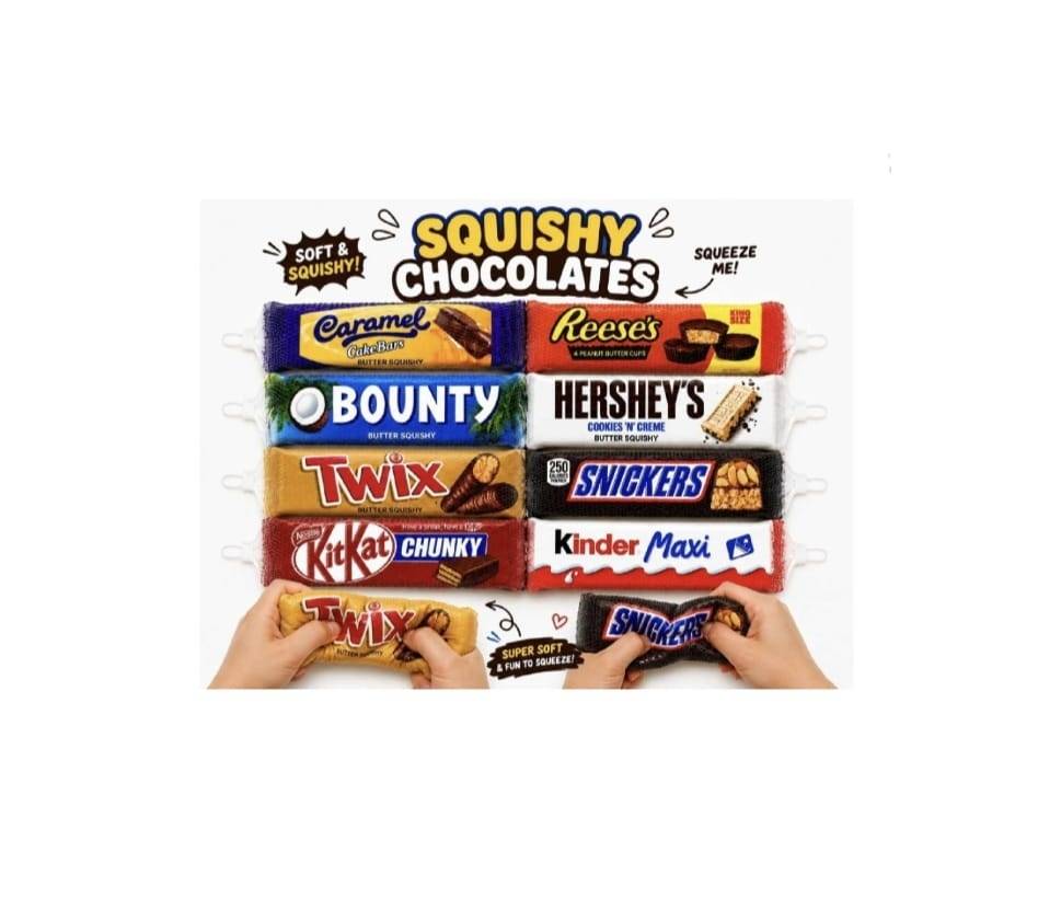 Jucarie antistres squishy, tip Baton Reese's, Mars, Bounty, Twix, KitKat, Kinder, multicolor, 20 cm