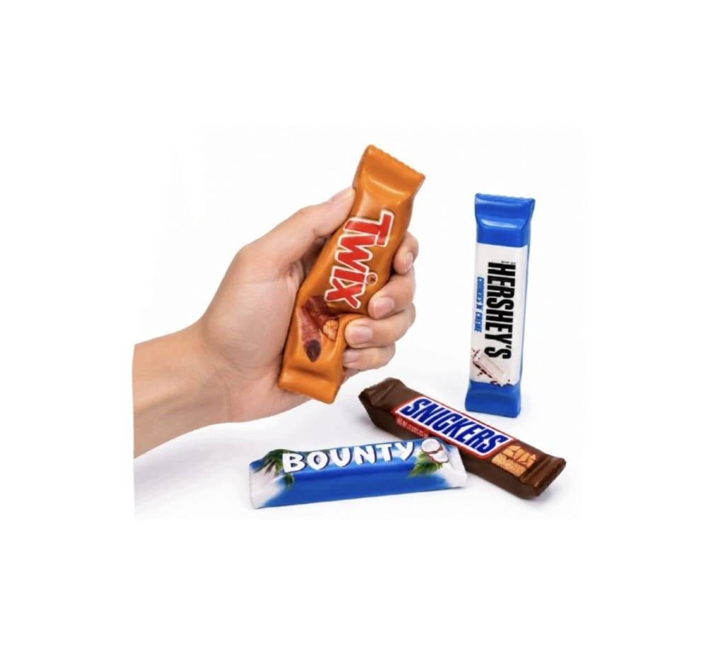 Jucarie antistres squishy, tip Baton Reese's, Mars, Bounty, Twix, KitKat, Kinder, multicolor, 20 cm