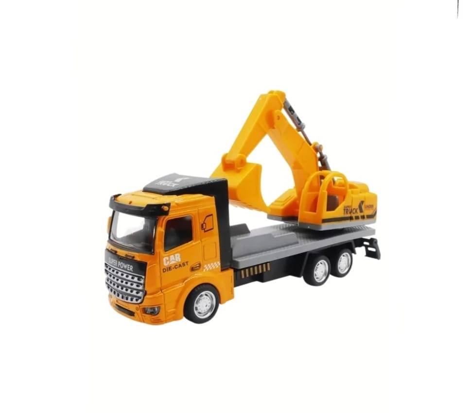 Jucarie Camion cu Excavator, metal/plastic, galben, 18 cm