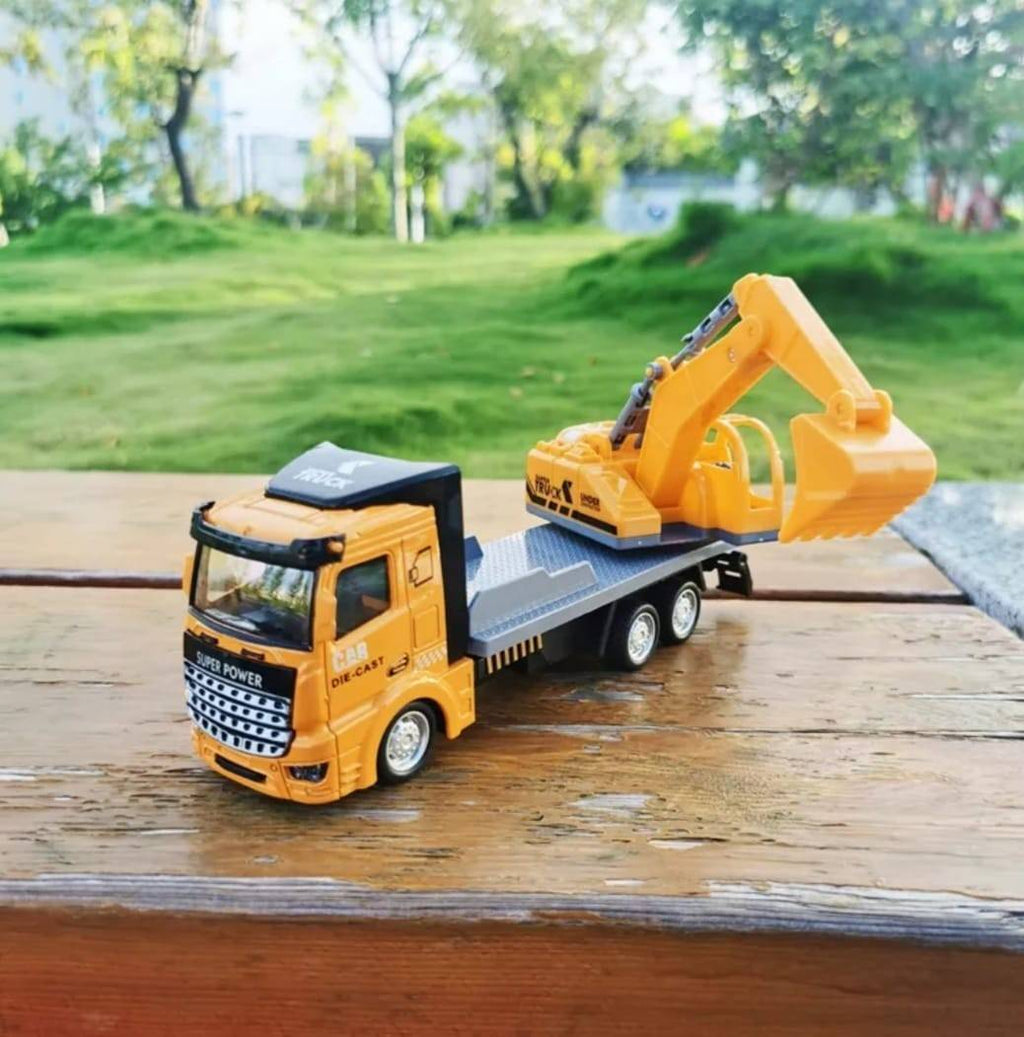Jucarie Camion cu Excavator, metal/plastic, galben, 18 cm
