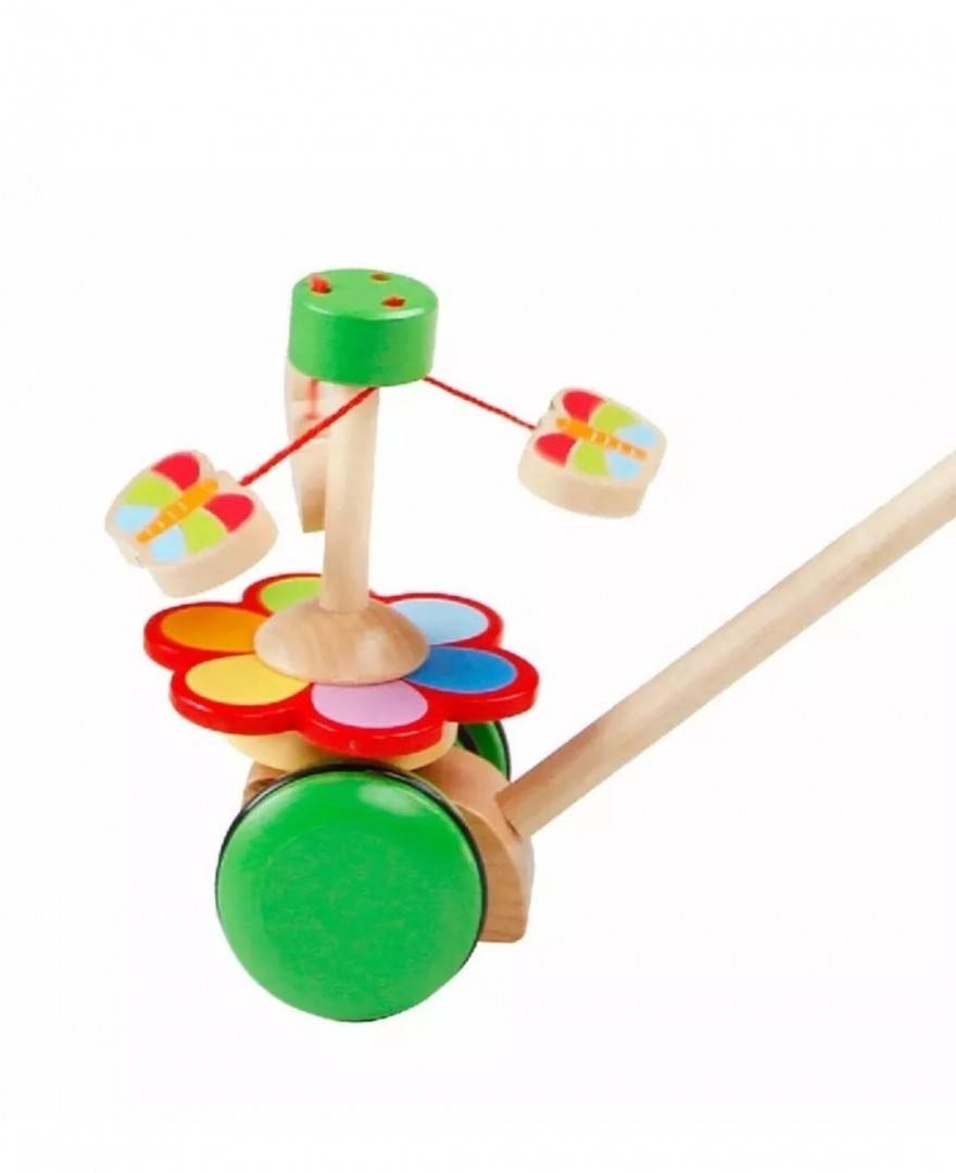 Jucarie de impins din lemn, Fluturasi, multicolor, 55 cm