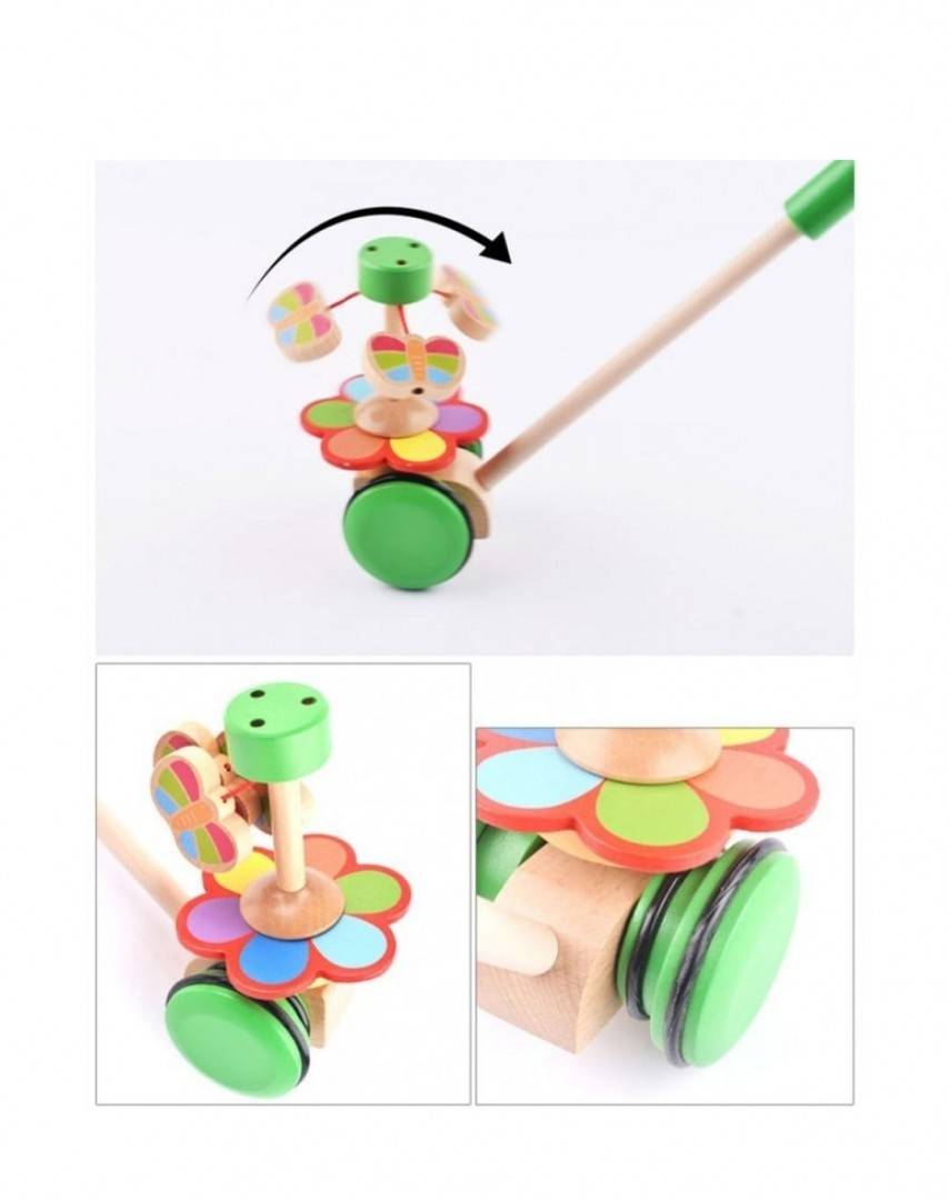 Jucarie de impins din lemn, Fluturasi, multicolor, 55 cm